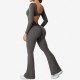 Women Fashion Casual Solid Color Square Neck Long-Sleeve Backless Yoga Sports Jumpsuits