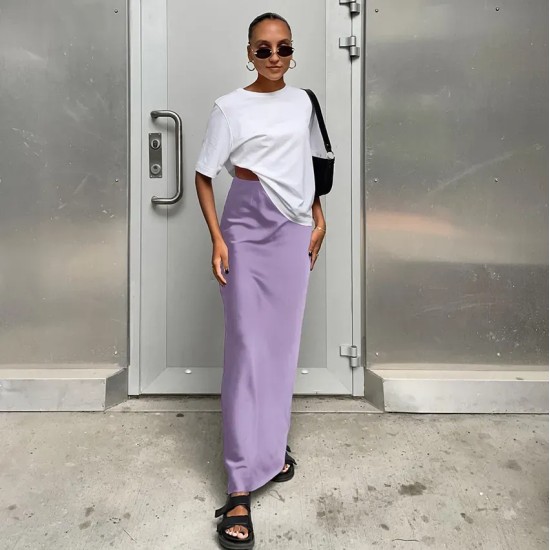Women Fashion Solid Color Satin Slim Fit Skirt