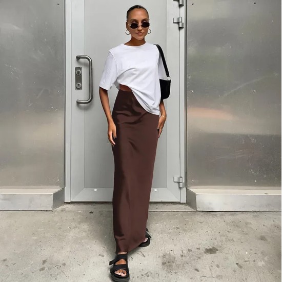 Women Fashion Solid Color Satin Slim Fit Skirt