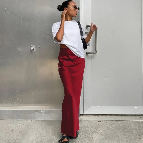 Women Fashion Solid Color Satin Slim Fit Skirt