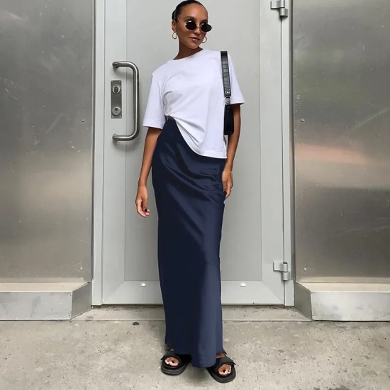 Women Fashion Solid Color Satin Slim Fit Skirt