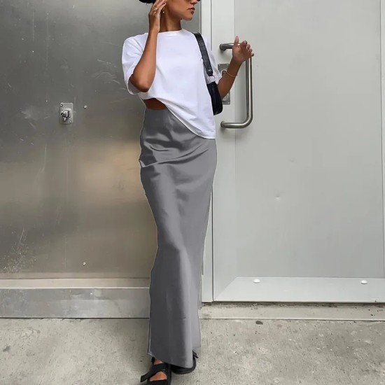 Women Fashion Solid Color Satin Slim Fit Skirt
