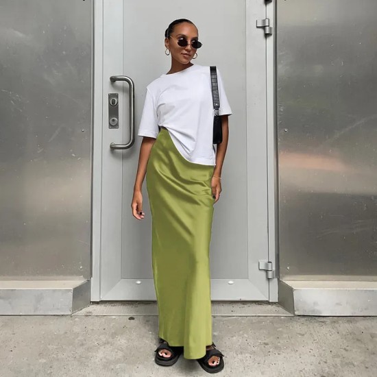 Women Fashion Solid Color Satin Slim Fit Skirt