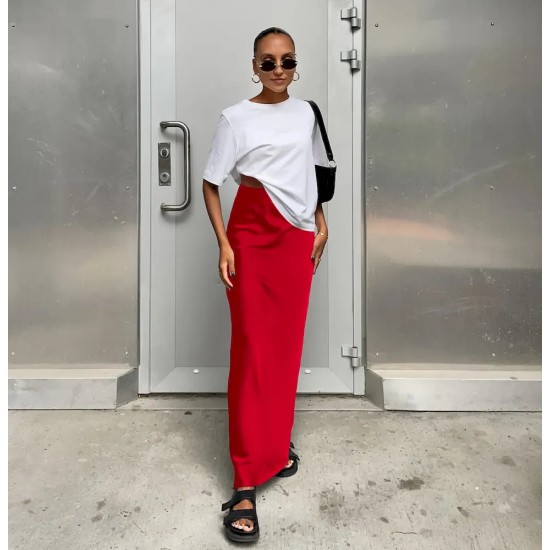Women Fashion Solid Color Satin Slim Fit Skirt