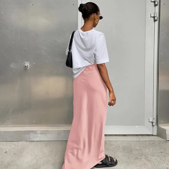Women Fashion Solid Color Satin Slim Fit Skirt