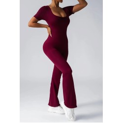 Women Fashion Casual Solid Color Seamless Short-Sleeve Backless Yoga Jumpsuits
