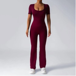Women Fashion Casual Solid Color Seamless Short-Sleeve Backless Yoga Jumpsuits