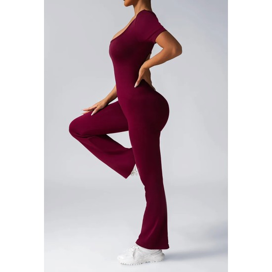 Women Fashion Casual Solid Color Seamless Short-Sleeve Backless Yoga Jumpsuits