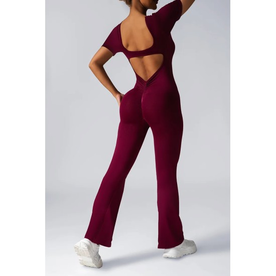 Women Fashion Casual Solid Color Seamless Short-Sleeve Backless Yoga Jumpsuits