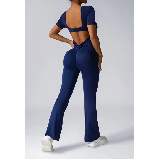 Women Fashion Casual Solid Color Seamless Short-Sleeve Backless Yoga Jumpsuits