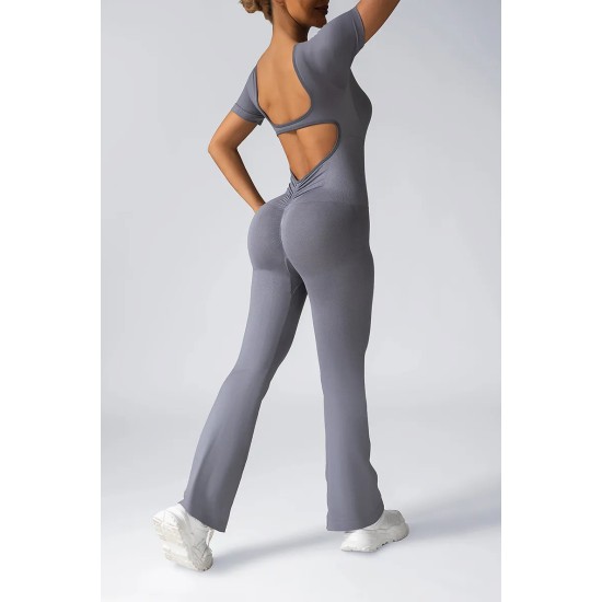 Women Fashion Casual Solid Color Seamless Short-Sleeve Backless Yoga Jumpsuits