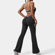 Contrast Color Yoga Backless Running Exercise Fitness Flare Jumpsuits