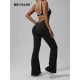 Contrast Color Yoga Backless Running Exercise Fitness Flare Jumpsuits
