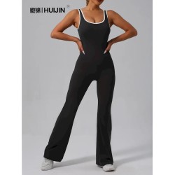 Contrast Color Yoga Backless Running Exercise Fitness Flare Jumpsuits