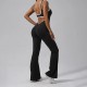 Contrast Color Yoga Backless Running Exercise Fitness Flare Jumpsuits
