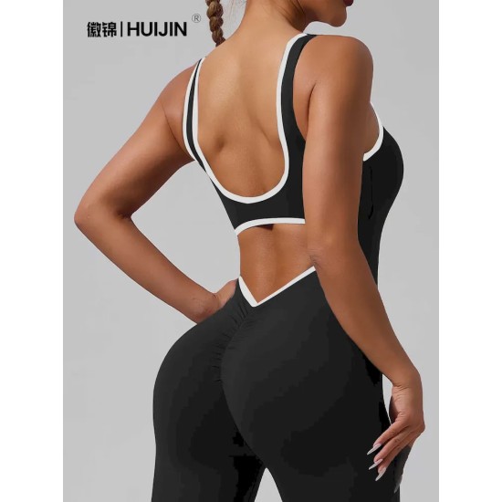 Contrast Color Yoga Backless Running Exercise Fitness Flare Jumpsuits