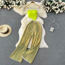 Hot Girl Women Spaghetti Strap Camis Printed High Waist Wide Leg Trousers Two-Piece Set