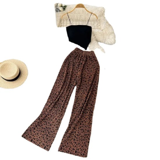 Hot Girl Women Spaghetti Strap Camis Printed High Waist Wide Leg Trousers Two-Piece Set