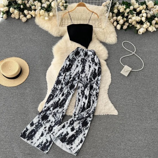 Hot Girl Women Spaghetti Strap Camis Printed High Waist Wide Leg Trousers Two-Piece Set