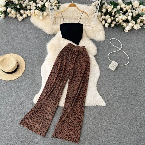 Hot Girl Women Spaghetti Strap Camis Printed High Waist Wide Leg Trousers Two-Piece Set