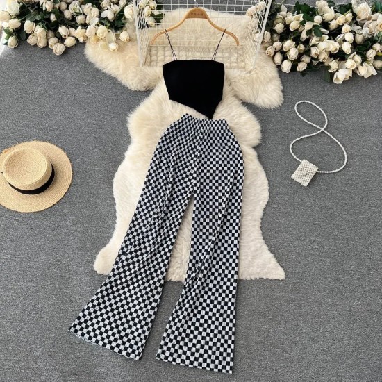 Hot Girl Women Spaghetti Strap Camis Printed High Waist Wide Leg Trousers Two-Piece Set