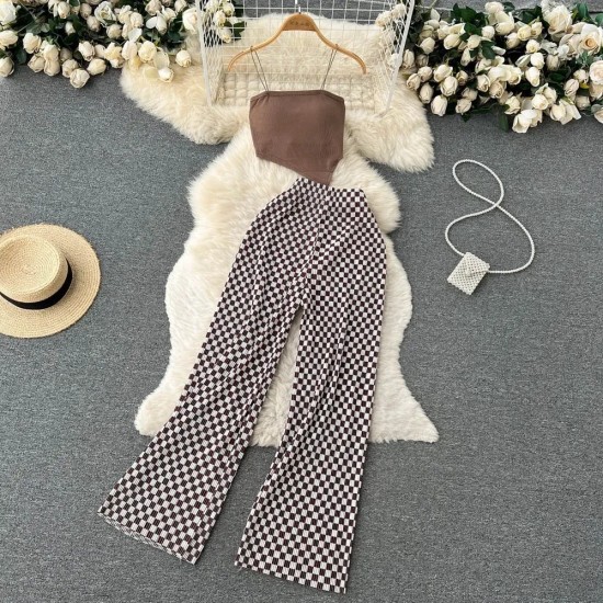 Hot Girl Women Spaghetti Strap Camis Printed High Waist Wide Leg Trousers Two-Piece Set