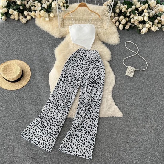 Hot Girl Women Spaghetti Strap Camis Printed High Waist Wide Leg Trousers Two-Piece Set