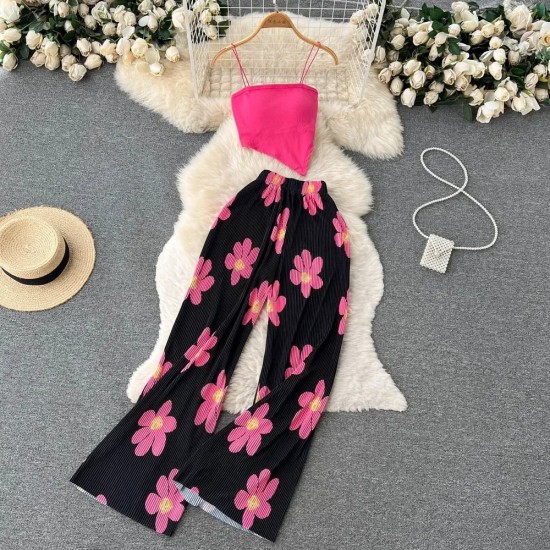Hot Girl Women Spaghetti Strap Camis Printed High Waist Wide Leg Trousers Two-Piece Set