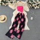 Hot Girl Women Spaghetti Strap Camis Printed High Waist Wide Leg Trousers Two-Piece Set