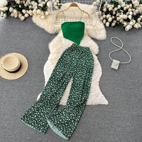 Hot Girl Women Spaghetti Strap Camis Printed High Waist Wide Leg Trousers Two-Piece Set