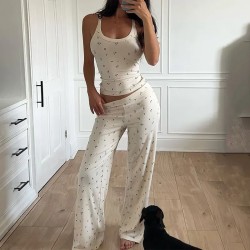 Women Fashion Casual Floral Printed Sleeveless Tank Top Slim Fit Pants Pajamas Two-Piece Set