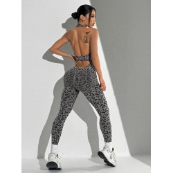 Seamless Leopard Printed Women Tight Halter Neck Yoga Sports Jumpsuits