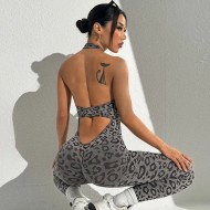 Seamless Leopard Printed Women Tight Halter Neck Yoga Sports Jumpsuits
