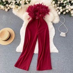 Fashion Women Plush Feather Strapless Summer Tube Top Loose Wide Leg Straight Jumpsuits