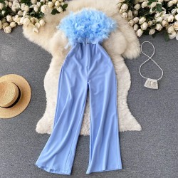 Fashion Women Plush Feather Strapless Summer Tube Top Loose Wide Leg Straight Jumpsuits