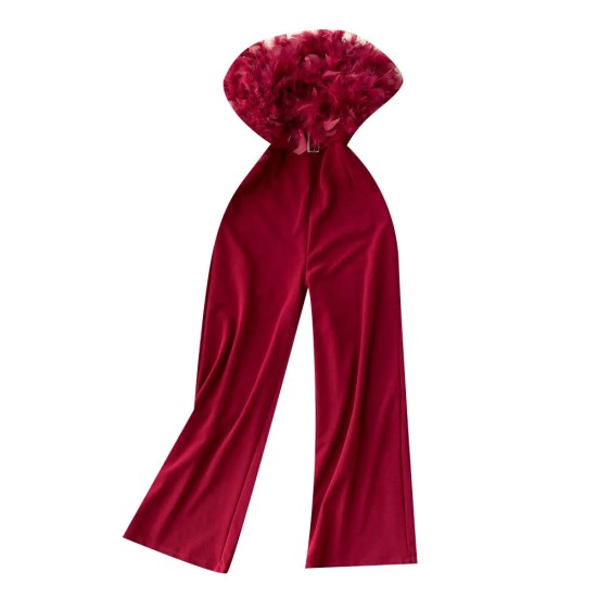 Fashion Women Plush Feather Strapless Summer Tube Top Loose Wide Leg Straight Jumpsuits