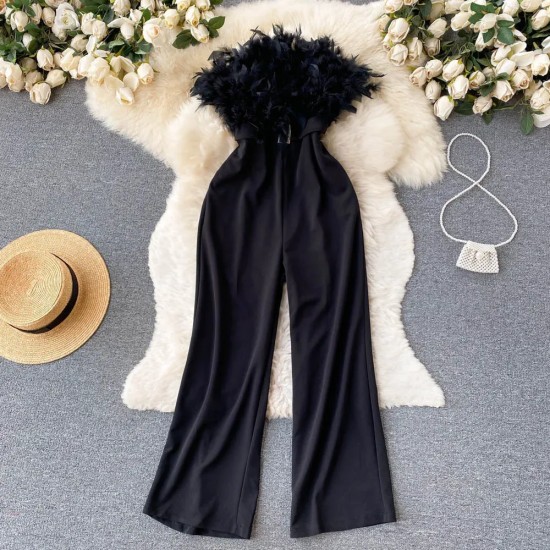 Fashion Women Plush Feather Strapless Summer Tube Top Loose Wide Leg Straight Jumpsuits