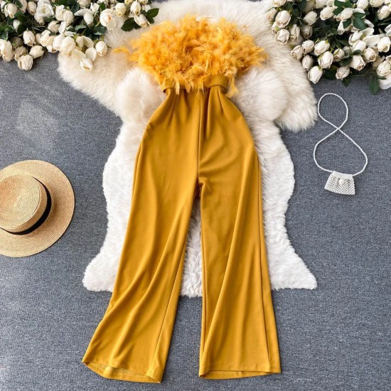 Fashion Women Plush Feather Strapless Summer Tube Top Loose Wide Leg Straight Jumpsuits
