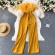 Fashion Women Plush Feather Strapless Summer Tube Top Loose Wide Leg Straight Jumpsuits