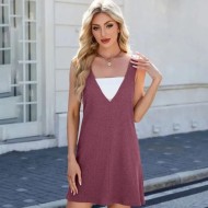 Women Fashion Casual Solid Color V-Neck Sleeveless Loose Dress