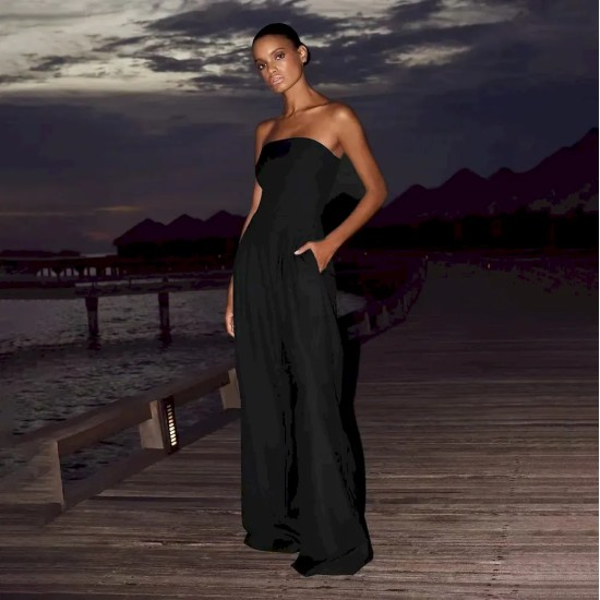 Women Fashion Sexy Solid Color Tube Top Slim-Fit Jumpsuits