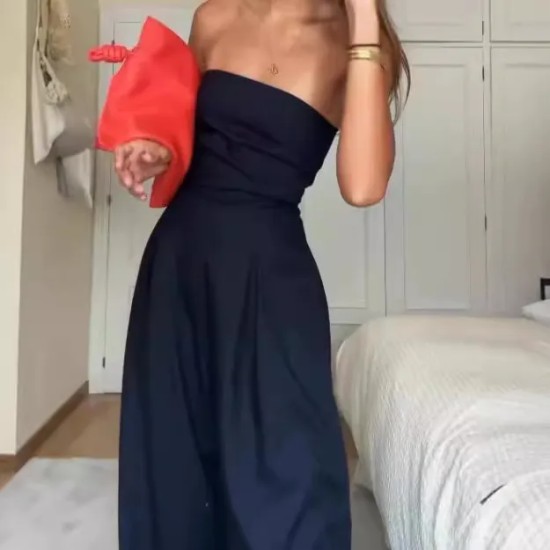Women Fashion Sexy Solid Color Tube Top Slim-Fit Jumpsuits