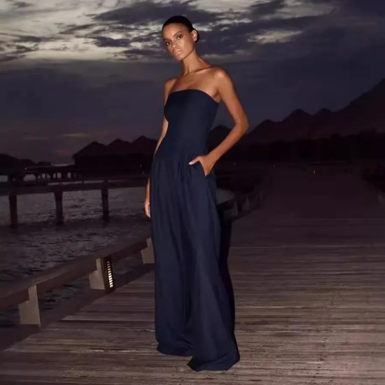 Women Fashion Sexy Solid Color Tube Top Slim-Fit Jumpsuits