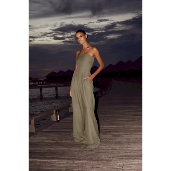 Women Fashion Sexy Solid Color Tube Top Slim-Fit Jumpsuits