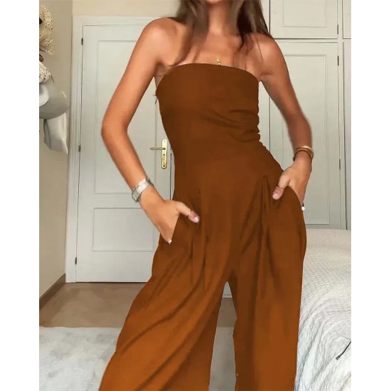 Women Fashion Sexy Solid Color Tube Top Slim-Fit Jumpsuits