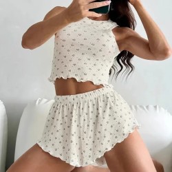 Women Fashion Sexy Printed Edge Curl Tank Top Loose Shorts Pajamas Two-Piece Set