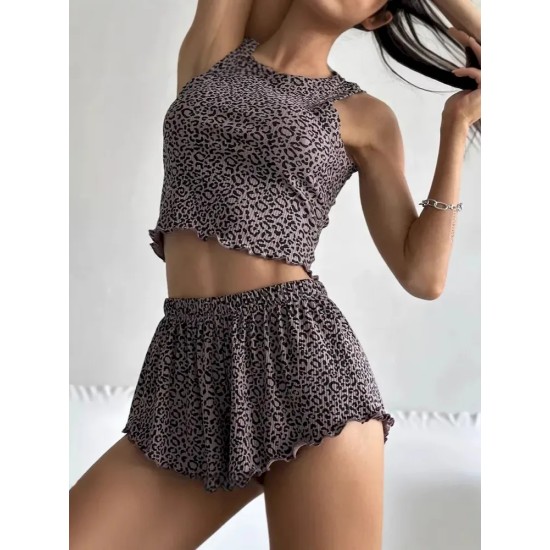 Women Fashion Sexy Printed Edge Curl Tank Top Loose Shorts Pajamas Two-Piece Set