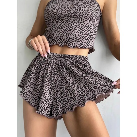 Women Fashion Sexy Printed Edge Curl Tank Top Loose Shorts Pajamas Two-Piece Set