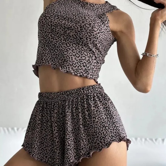 Women Fashion Sexy Printed Edge Curl Tank Top Loose Shorts Pajamas Two-Piece Set