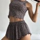 Women Fashion Sexy Printed Edge Curl Tank Top Loose Shorts Pajamas Two-Piece Set